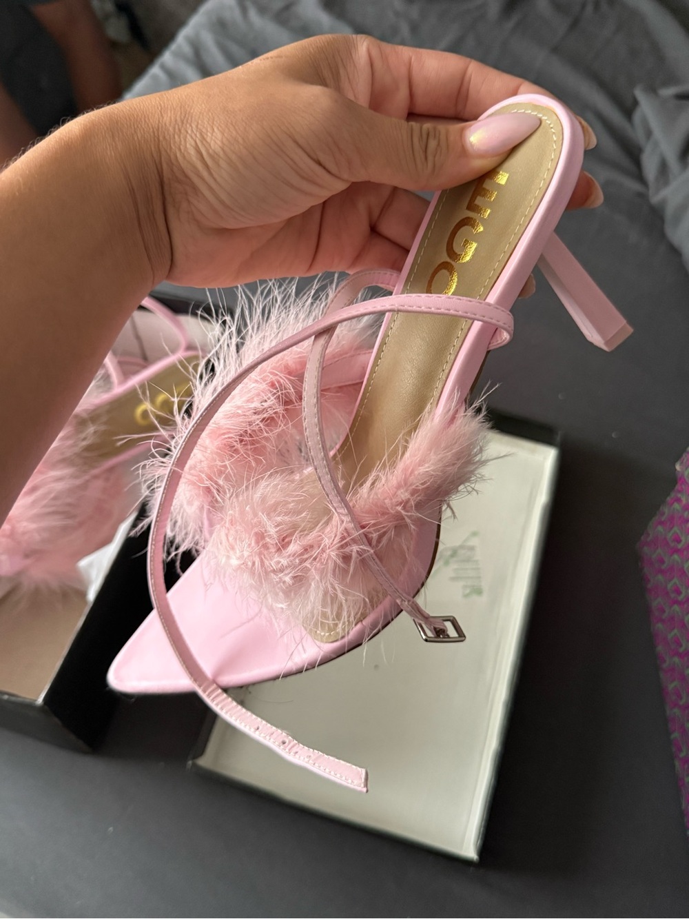 EGO Pink Feather Trim Stiletto Sandals